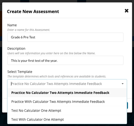 options when creating a new test
